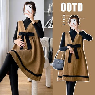 Maternity Dress 2025 Petite Corduroy Set for Pregnancy, Loose Fit, Belly-Covering, Base Layer Tank Top Two-Piece Set