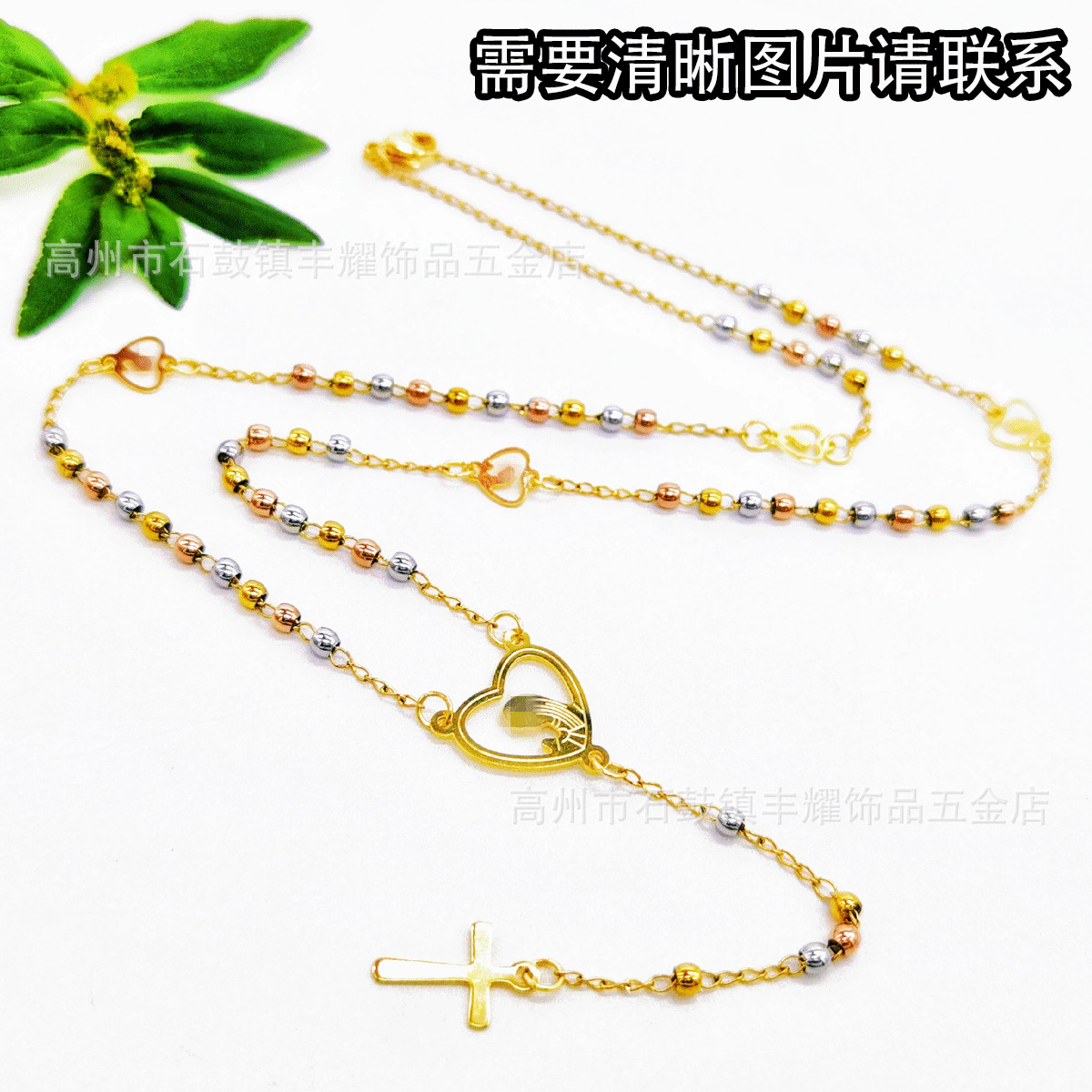 (3M acessorios en forma de corazón) un collar de 3mm de cuentas de acero inoxidable tallado en la salida de la cruz