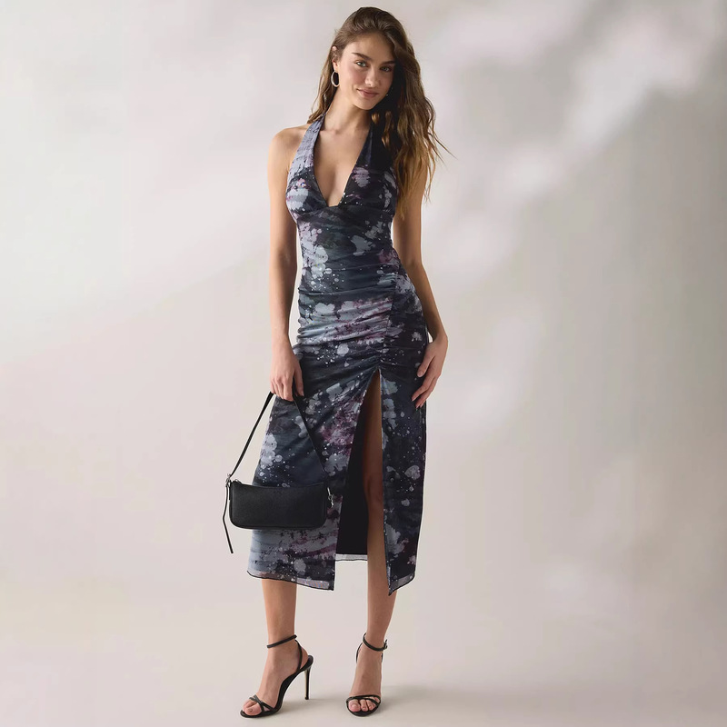American-Style Spicy Girl Style Halter Neck Dress for Women, Summer Slit Dress with Fine Glitter Print, Mesh Skirt with Side Ruching, Sexy Long Dress American-Style Spicy Girl Style Halter Neck Dress for Women, Summer Slit Dress with Fine Glitter Print, Mesh Skirt with Side Ruching, Sexy Long Dress