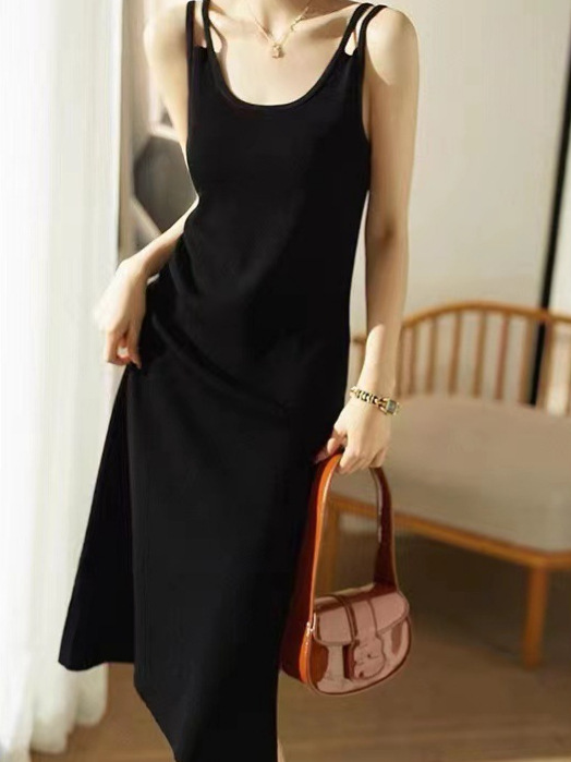 Đầm suông midi cổ yếm dây mảnh phong cách Pháp vintage — đen