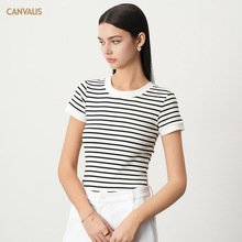 CANVAUS黑白条纹t恤女短袖春夏季修身打底衫圆领韩版撞色拼接上衣