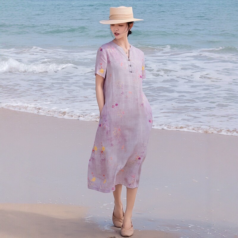 Vintage Artistic Improved Qipao Dress with Ramie Print, 26 Summer New Chinese Style V-Neck Short Sleeve Mid-Length Dress