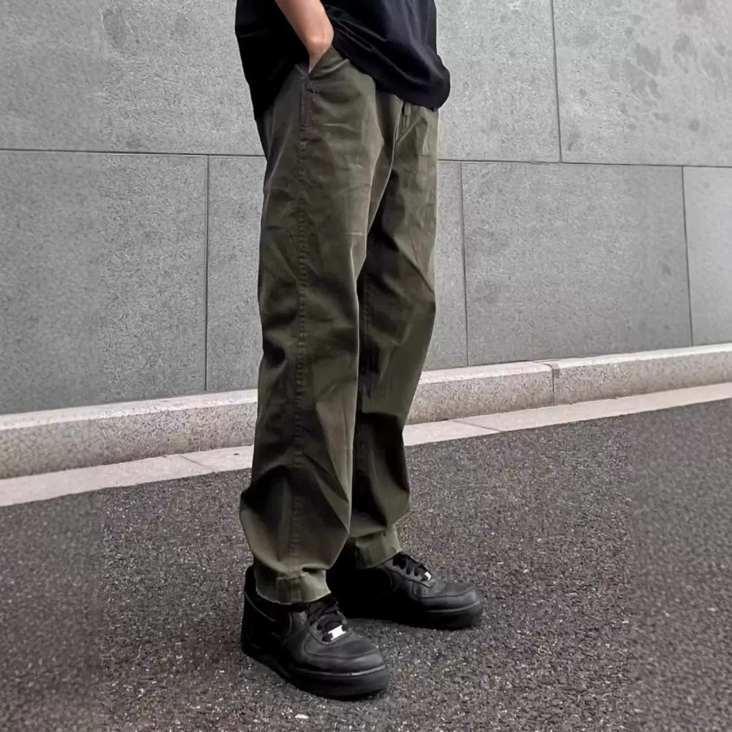 美式休闲卡其军绿水洗破坏裤男士直筒宽松做旧碳素磨毛情侣长裤男