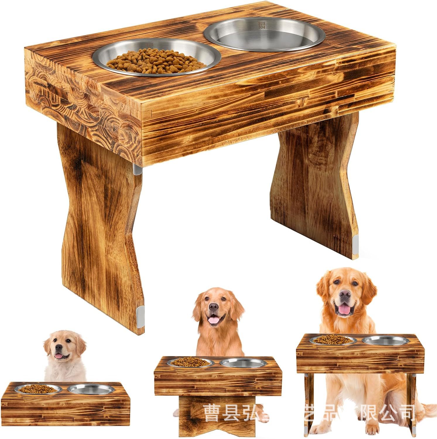 Estante de tazón de madera para mascotas, sala de estar, alimentador para perros y gatos, estante para tazón doble, tazón elevado, altura ajustable, estante de alimentación de agua de madera maciza