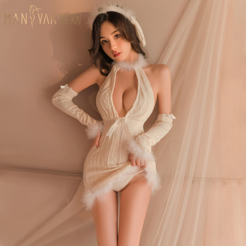 Manyan sexy lingerie sexy halterneck deep V plush strap sheep dress uniform suit dropshipping 9753