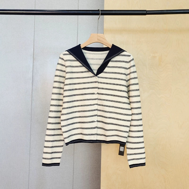 Women's 26 Summer New Navy Style Doll Collar Short Sleeve Top Striped Cotton Cashmere Blend Pullover Knit Sweater Women's 26 Summer New Navy Style Doll Collar Short Sleeve Top Striped Cotton Cashmere Blend Pullover Knit Sweater