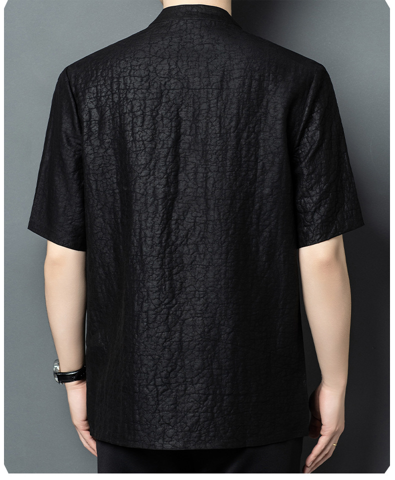 Áo sơ mi ngắn tay nam cổ đứng lụa tơ tằm 100% Mulberry Silk phong cách vintage — Da đen 26638 chi tiết 11