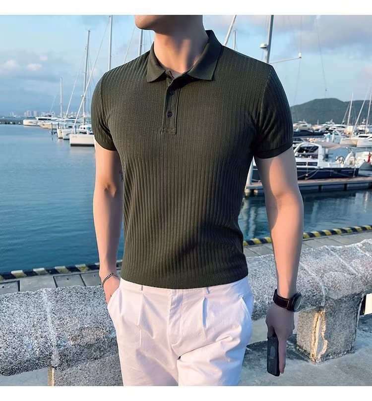 Camicia in polp intrecciato a righe estive 2023 T-shirt in seta di ghiaccio Versatile tinta unita comoda manica corta - stampabile Tiktok_voghion.com