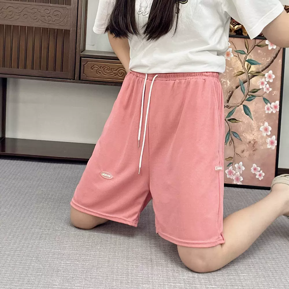 抽绳夏款冰丝五分短裤女士坑条休闲外穿运动女裤宽松直筒短裤高腰