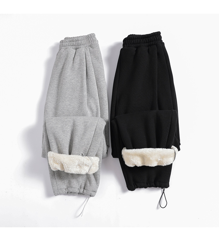 Super thick lambskin wide-leg pants, grey outerwear, thickened winter sports pants, drawstring cuffs, fleece sweatpants for women pic 15