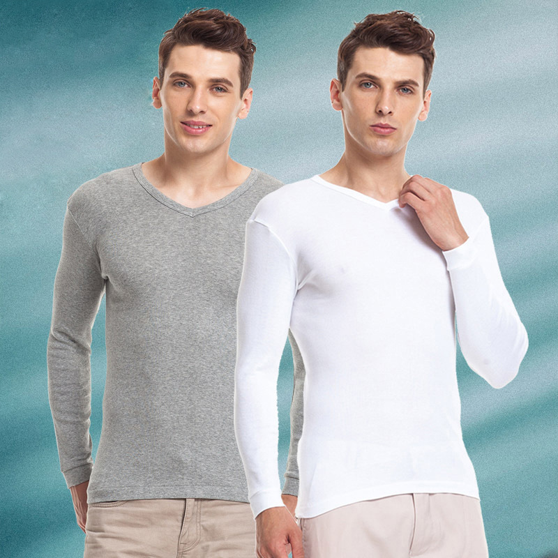 Threegun Men's V-Neck Cotton Thermal Shirt, Comfortable and Breathable Single Top, Autumn Base Layer, Mink