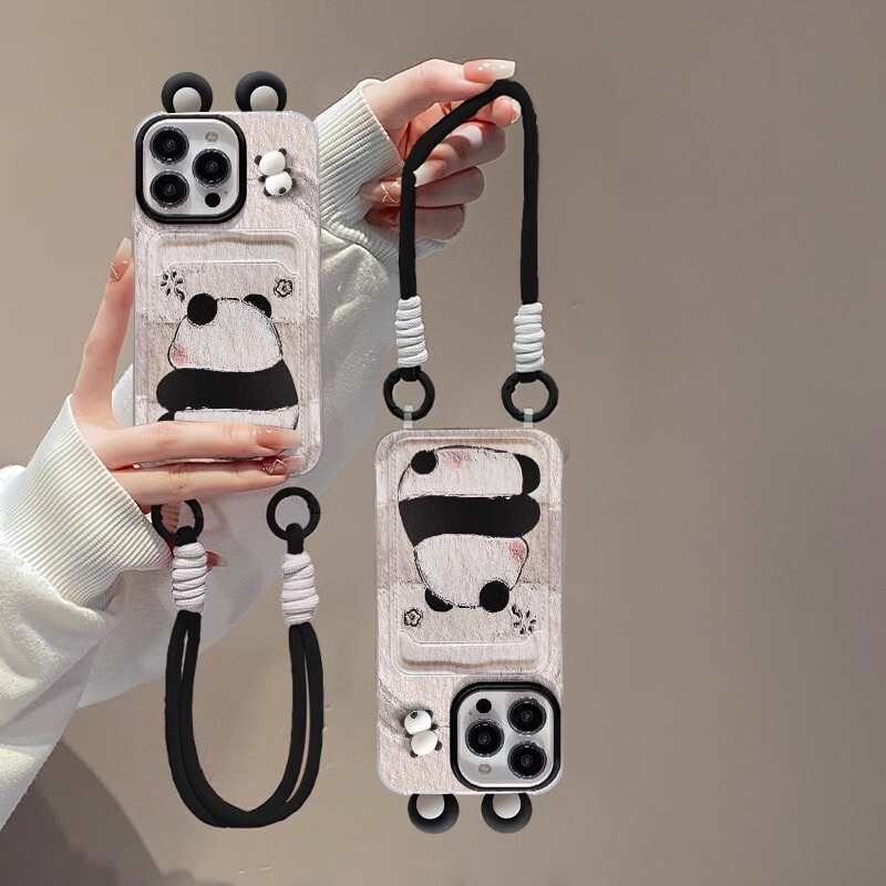 Texture Painting Panda Doll Suitable for Apple 16 Mobile Phone Case 15PRO Card Bag Lanyard 14 Silicone Drop-proof 13 Creative X