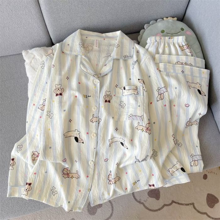 Al por mayor transfronterizo cien pijamas de verano mujeres 2025 nuevas nubes de algodón pantalones de manga larga dibujos animados lindos ropa para el hogar