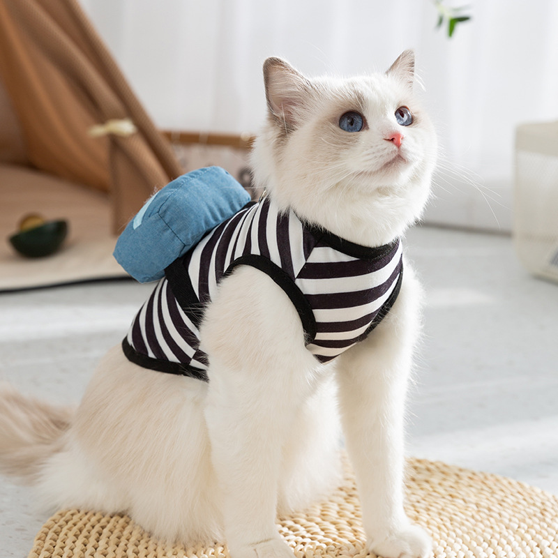 Gato primavera y verano linda mochila con cremallera tridimensional chaleco de tracción a rayas perro de dos patas ropa delgada para gatos