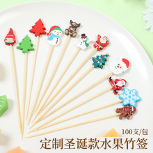厂家供应圣诞节竹签雪松圣诞老人组合水果签家用商用一次性水果叉