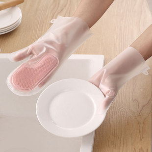 Household Gloves Dishwashing Kitchen Durable Magic Brush Silicone Household Cleaning Waterproof Latex Gloves Bowl Brush Artifact
