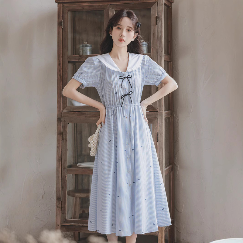 Fresh Style Women's dress 2025 Summer New Age-reducing Navy Collar Bow Jacquard Short-sleeved Striped Long Dress
