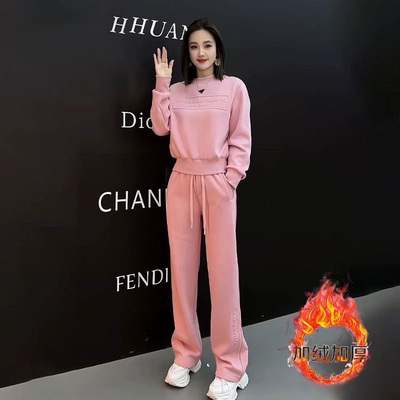 2024 Spring and Autumn New Fashion Internet Celebrity Sweater Casual Pants Two-Piece Set Winter Velvet Thickened Temperament Sports Suit