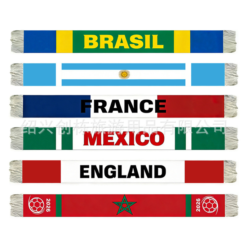 Bufanda de satén de doble cara con borlas para aficionados al fútbol, productos de la Copa Mundial de Fútbol 2026 de EE. UU., Canadá y México, artículos para animar en partidos
