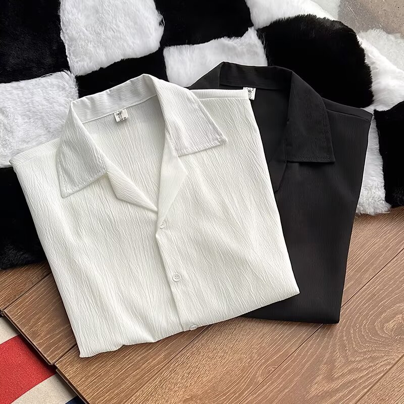 ForMen High-End Draped Ice Silk Shirt For Men, Short Sleeve Loose Fit American Cuban Collar Shirt, Summer Trendy Cool Couple's_voghion.com