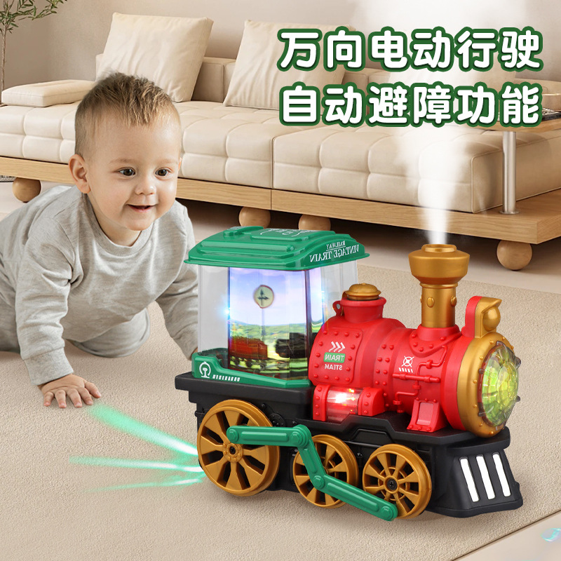 시뮬레이션 복고풍 작은 기차  전기 유니버설 라이트 사운드 스프레이 트레인 헤드 어린이 자동차 모델을 오르는 법을 배웁니다.