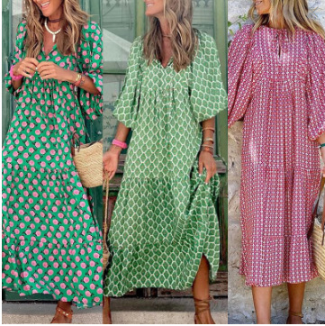 2025 Amazon Long Skirt Lantern Sleeves Large Hem Printed Long Dress Export Women's Summer New Style