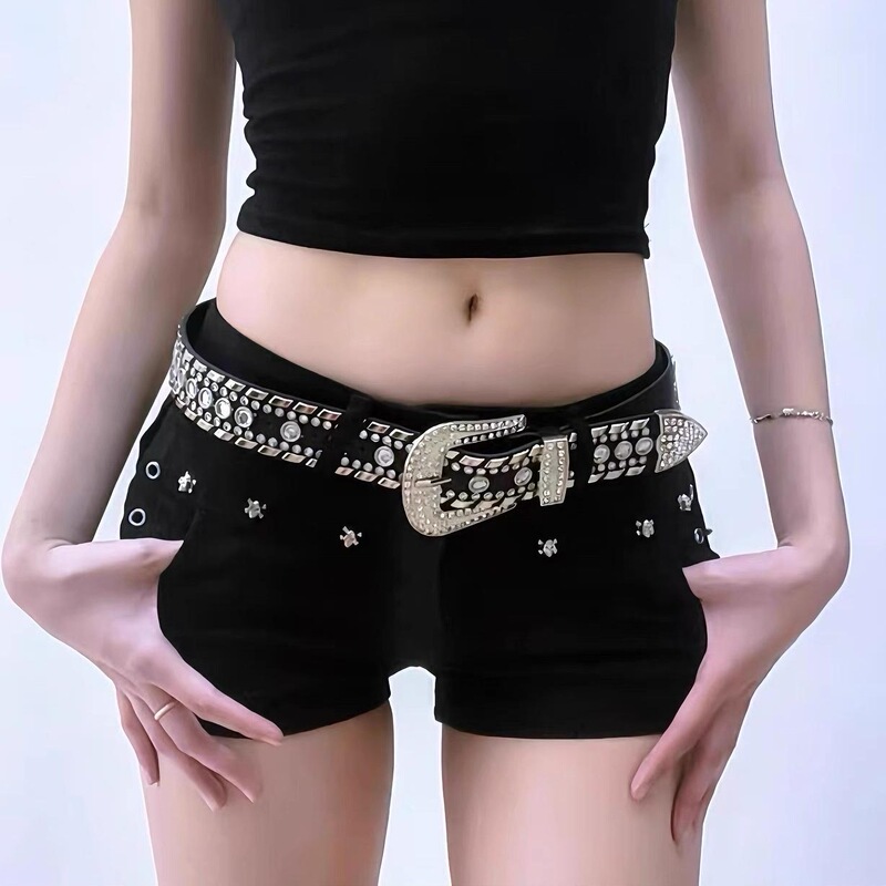Y2K Dark Rhinestone Wide Belt Niche Design Metal Punk Subculture Stylish Sexy Belt Accessories