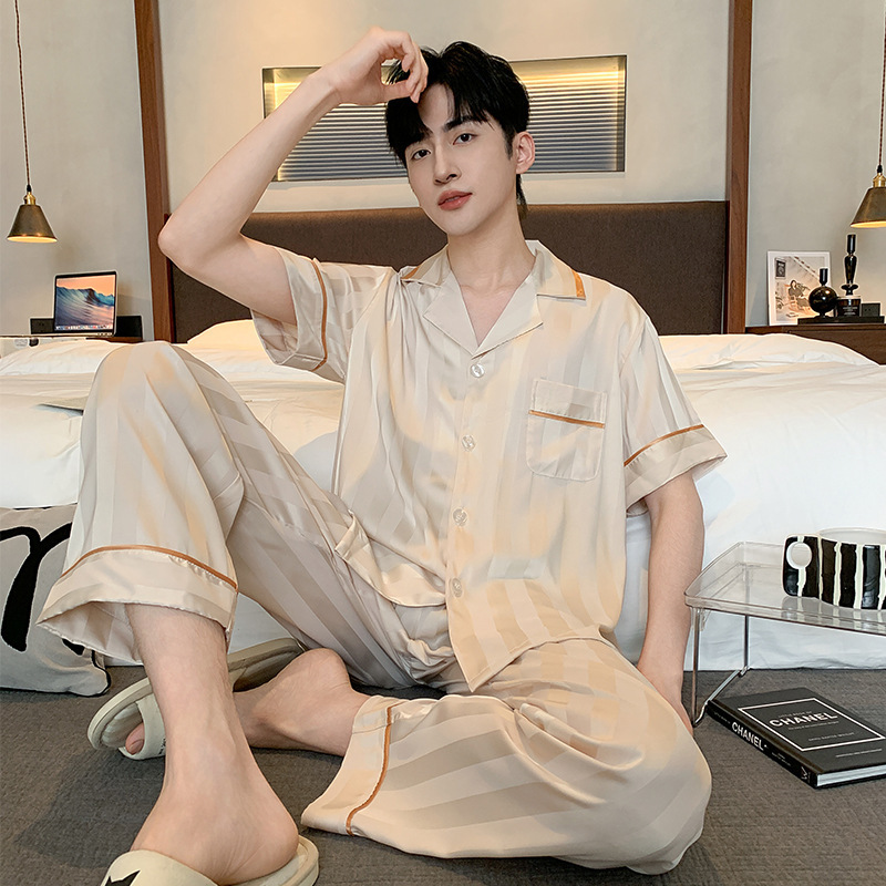 2025 New Summer Men's Ice Silk Pajamas, Casual Pants, Short-Sleeved V-Neck, Comfortable Home Clothes That Can Be Worn Outside