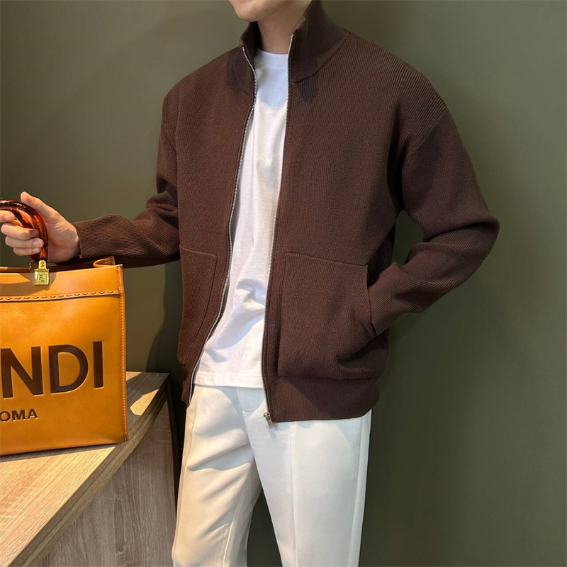 Pocket Sweater Casual Jacket Men's Autumn and Winter New Solid Color Vertical Collar Loose Fine Vertical Grain Zipper Knitted Cardigan