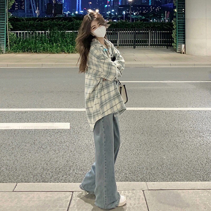 春と秋の新しい緑の格子のシャツのコートの女性の香港風の小さい大衆はカップルのシャツのins潮の学生の上着を設計します。|undefined