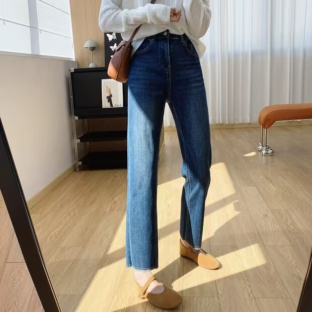 Unrestrained Straight-Leg Pants, High-Waisted, Slim, Comfortable, Breathable, Straight-Leg Casual, Versatile, Four-Way Stretch Raw Edge Jeans