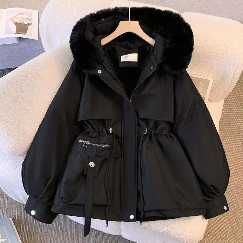 派克服女短款收腰显瘦连帽大毛领加绒羽绒服韩版外套2025冬季新款|undefined