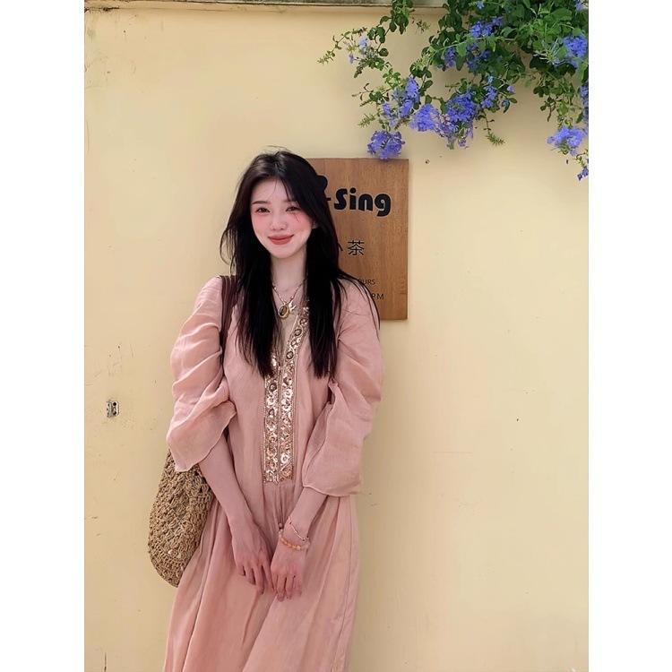 波西米亚度假风V领亮片衬衫连衣裙女秋季绝美飘逸长裙|undefined