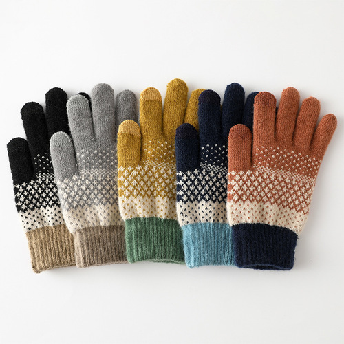 Knitted gloves for men and women, velvet, thickened, cold-proof touch screen, split-finger jacquard warm outdoor cycling gloves
