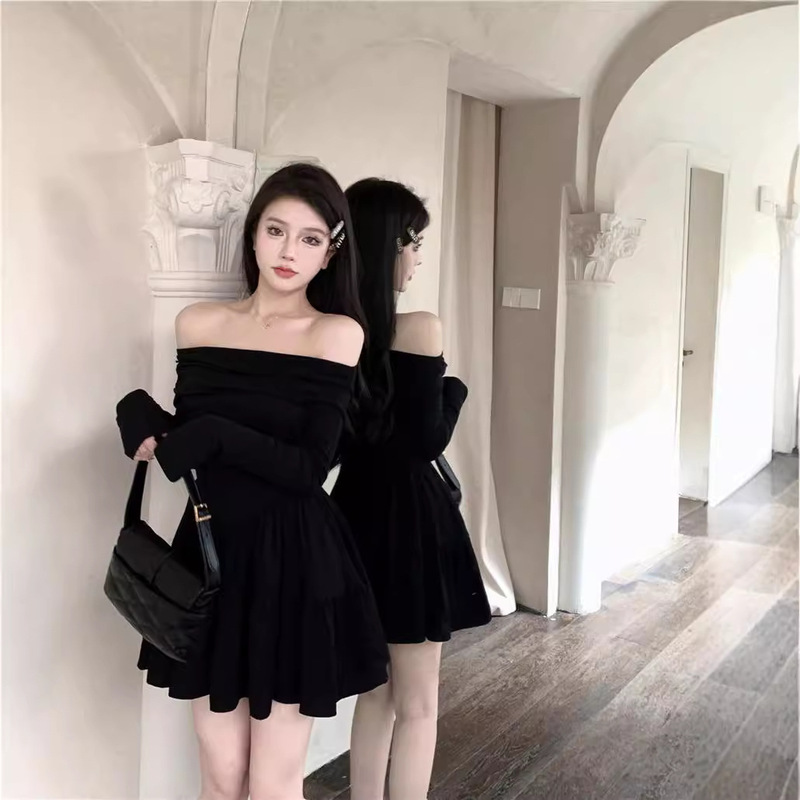 French Style Elegant One-word Collar A- line Short Skirt Long-sleeved dress Women's Summer Wear Sweet Spice Girl Slim-fit Waist Small Black Dress