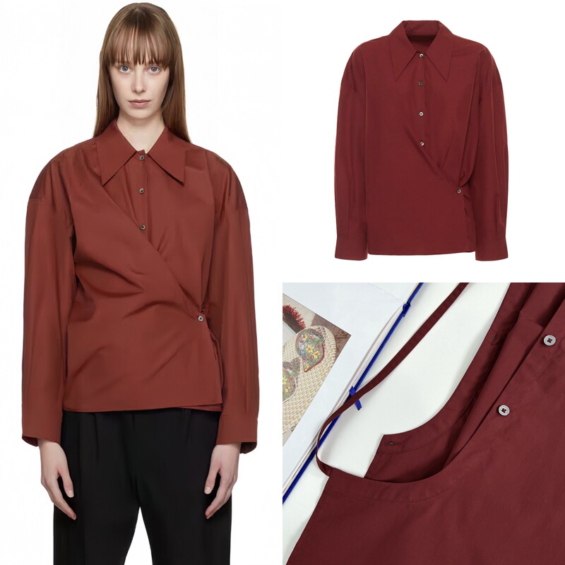 House25 Spring and Summer Shell Button Show Style Asymmetrical Red Lapel Cotton Wrap Design Pleated Shirt Long Sleeves