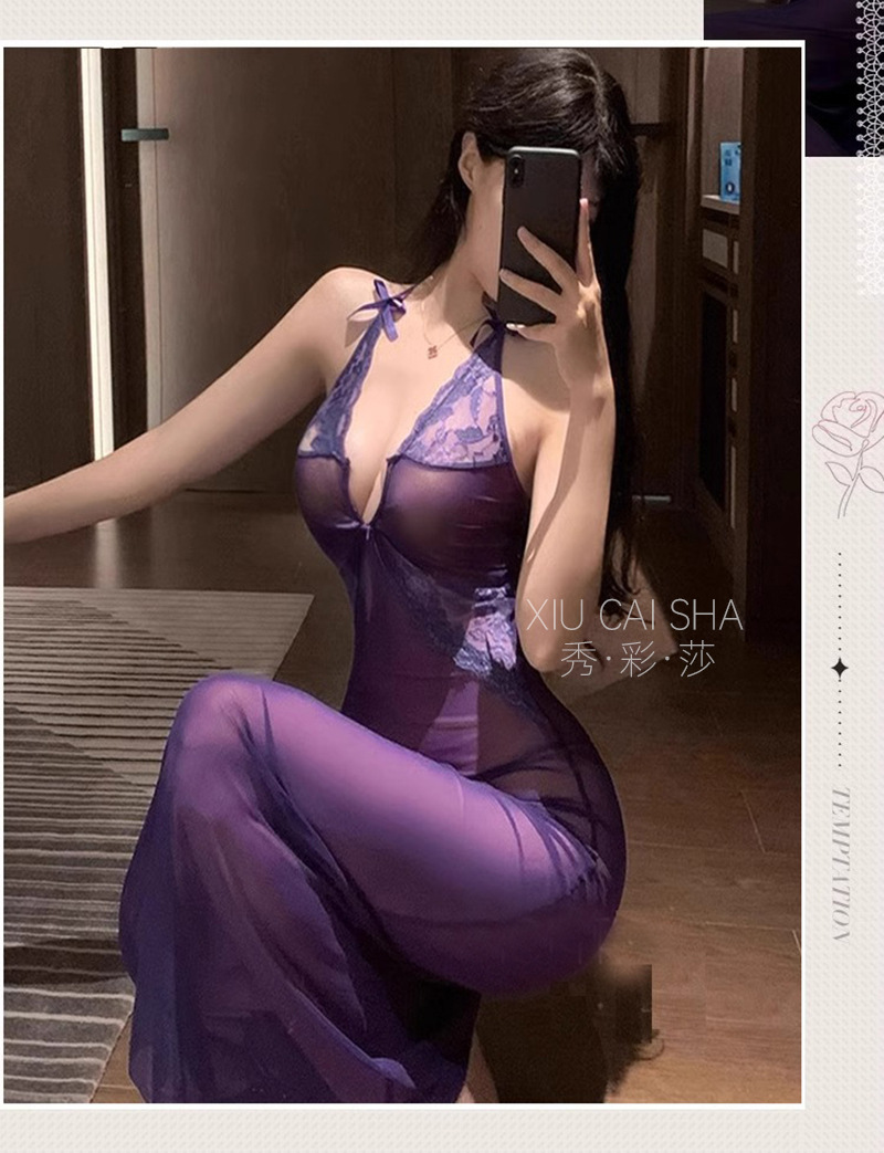 Deep V Lace Mesh Babydoll Nightgown with Suspenders and Bow, Purple One Size — detail image 6
