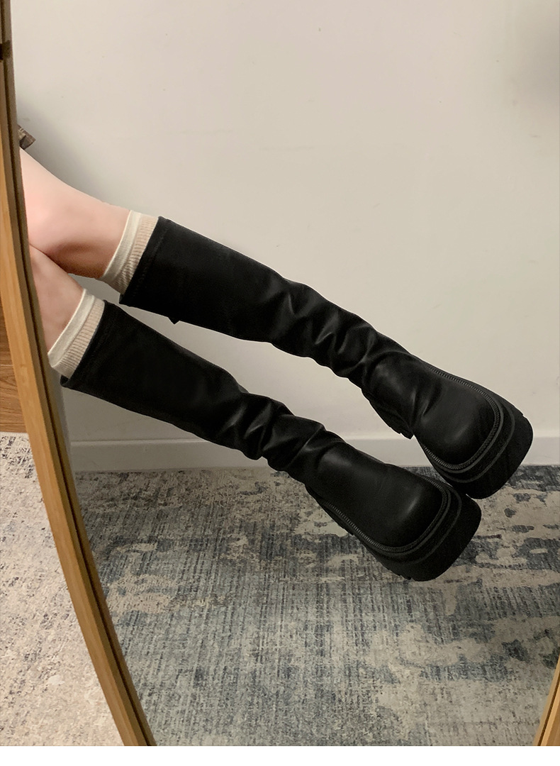 Black Knee-high Platform Boots For Women Thick Soled Knight Style_voghion.com