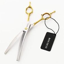 7.0寸金色双尾宠物美容剪刀细牙弯剪 牙剪弯剪 打薄剪 密齿弯牙剪