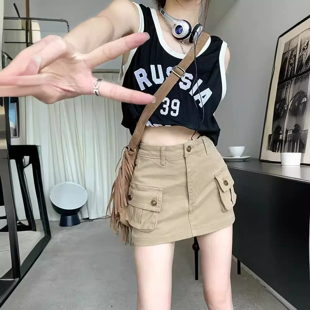 卡其色工a装裙女夏季辣妹防走光牛仔显瘦复古半身裙高腰A字短裙子