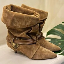 羊皮版~复古小众尖头细跟褶皱堆堆靴西部牛仔靴女秋冬两穿中筒靴