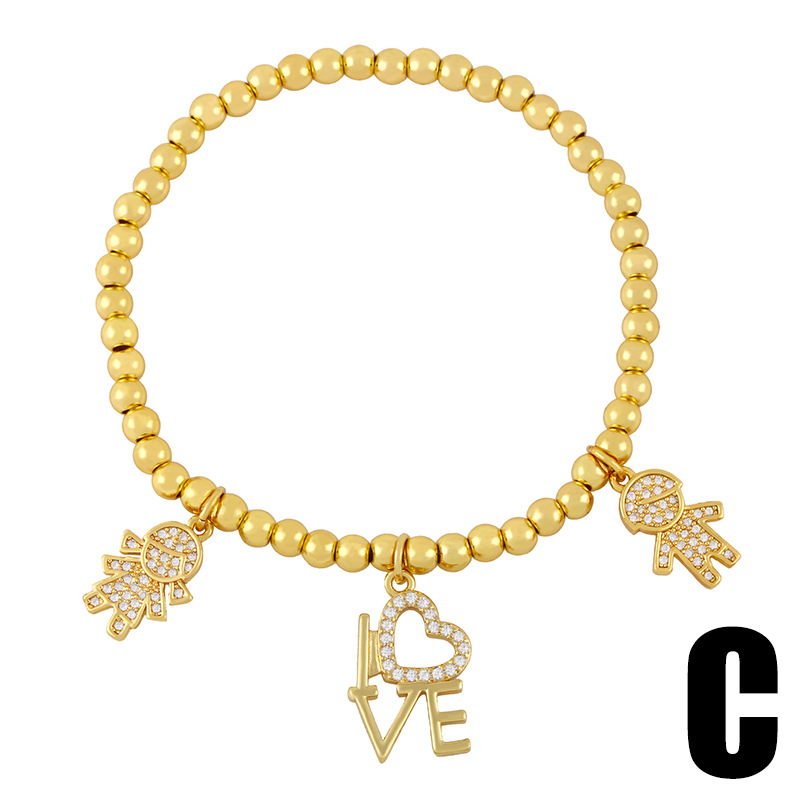 Fashion Letter Eyes Round Beads Copper Plated Elastic Bracelet