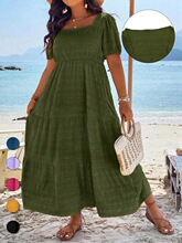 ��Plus Size��Textured Ruched Puff Sleeve Square Neck A Line