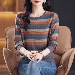 春秋新款妈妈打底衫宽松毛衣中年针织衫女春秋装条纹长袖恤显瘦