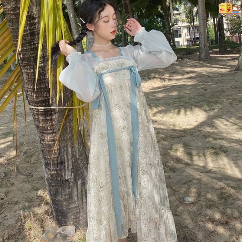 2021新款國風蕾絲印花連衣裙女秋森系超甜齊胸襦裙漢服改良仙女裙