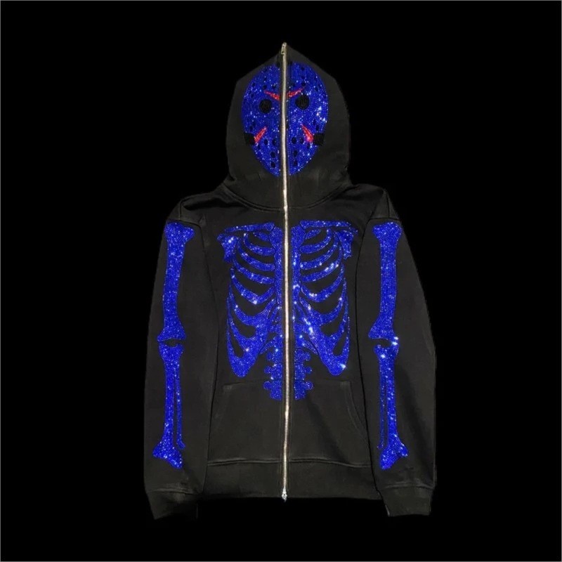 thumbnail image 1 of Sudadera con capucha y cremallera holgada con diseño de calavera y esqueleto de diamantes de imitación, estilo otoño e invierno, estilo Y2K, nueva de Europa y América, 2022, 1 of 5