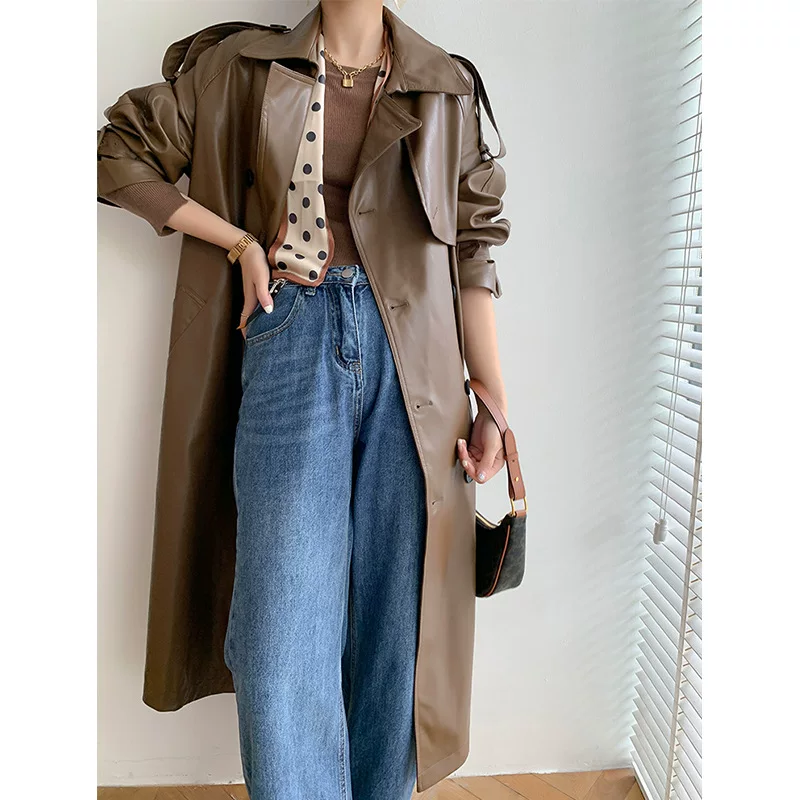 Autumn retro polyurethane jacket, British style, maxi length, high-quality style