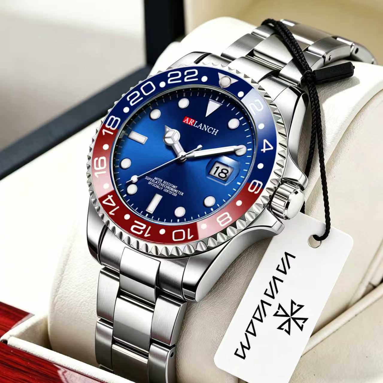Reloj de pulsera luminoso e impermeable para hombre, de acero inoxidable, con anillo rojo y azul estilo cola, reloj de hombre verde fantasma de agua, venta al por mayor, resistente al agua hasta 30 m