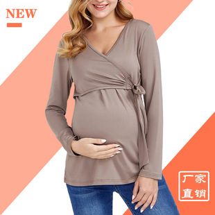 New factory direct 2022 new Amazon ebay Europe and the United States solid color nursing V-neck long sleeve maternity clothes