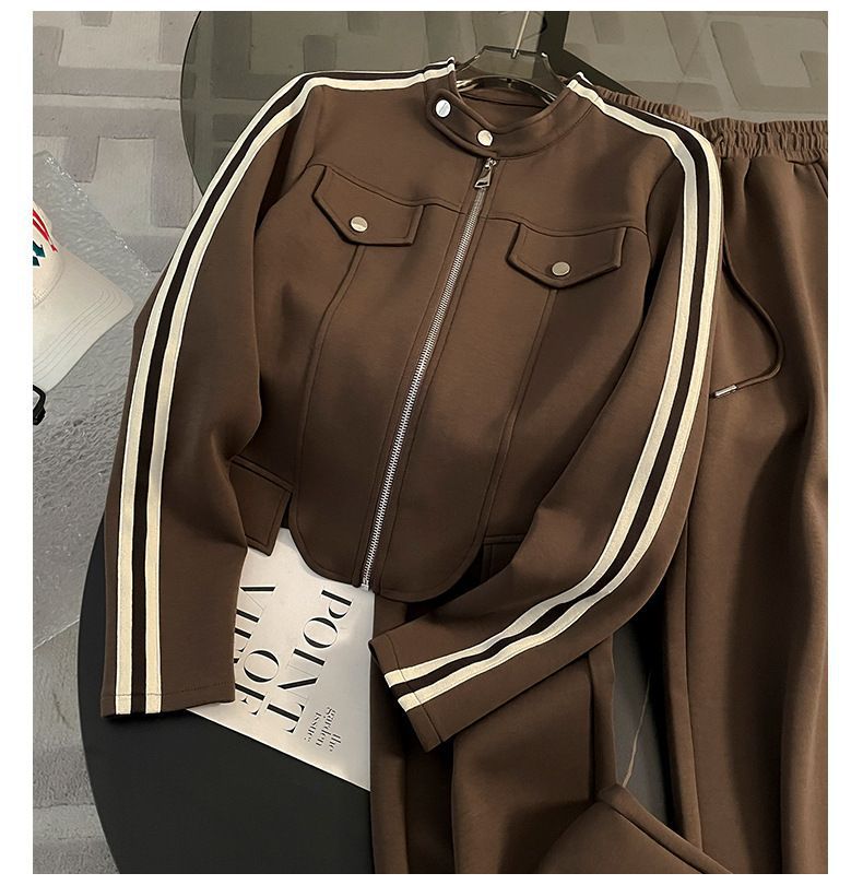 Korean Style Women's Zip-Up Hoodie & Jogger Pants Set - Casual Sporty Outfit (S-2XL, Black/Brown)_ecoleips.com
